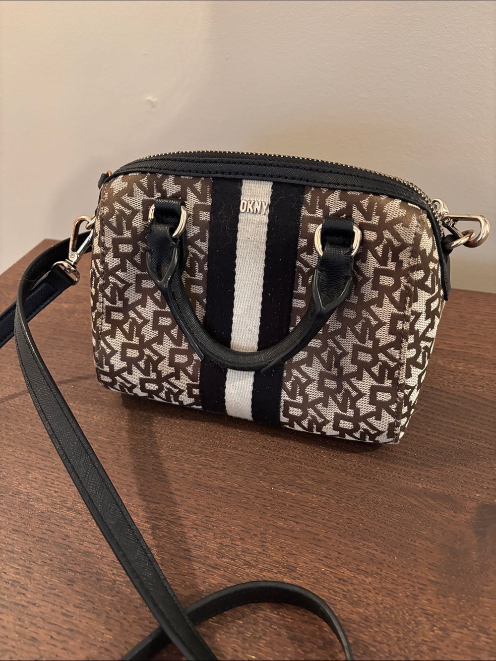 DKNY Brown Logo Dome Crossbody with Black & White Center Stripe